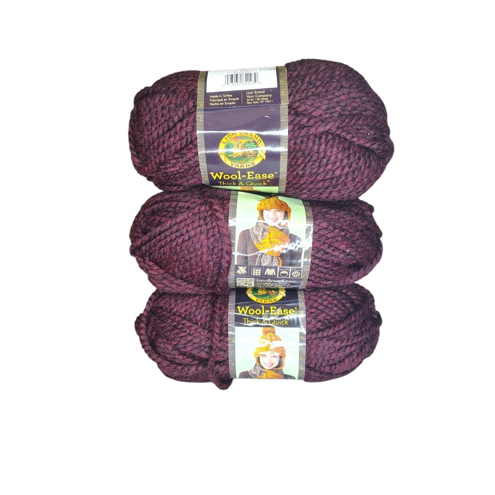 LION BRAND YARNS WOOL-EASE QUICK AND THICK YARN # 143 CLARET 3 skeins